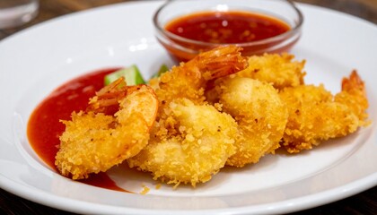 yummy shrimp in tempura with red sauce 