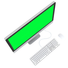 A computer setup featuring a monitor with a green screen, keyboard, and mouse.
