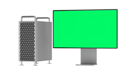 A modern computer setup featuring a sleek tower and a large green screen monitor.