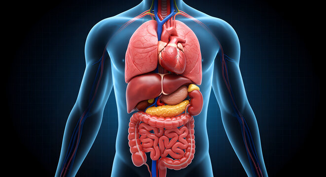 Detailed Medical Illustration of Human Anatomy Featuring Internal Organs Against Dark Blue Background with a Grid Like