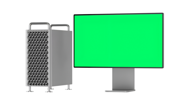 A modern computer setup featuring a sleek tower and a large green screen monitor.