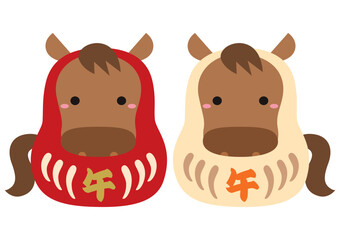2026年午年の干支だるまイラスト/紅白セット・午