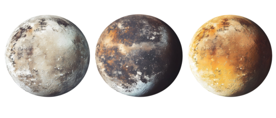 Three Planets With Varied Surfaces Over Transparent Background Featuring Shades of Brown Orange and Gray Displaying Textural Details and Cosmic Dust