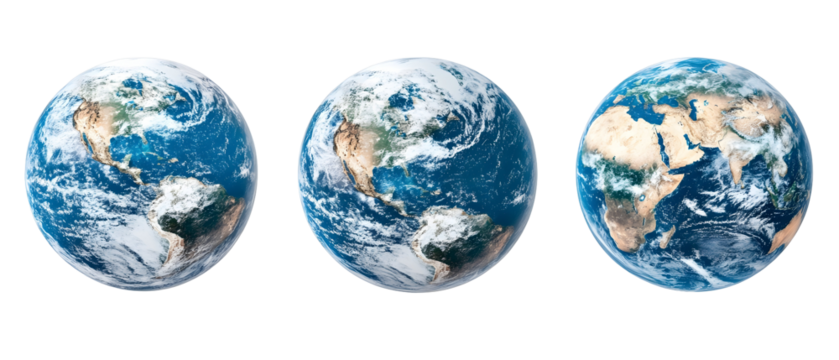 Three Earth Globes Depicting Continents And Oceans Against A Black Background Displaying The Planet From Different Perspectives - Powered by Adobe