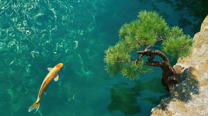 Orange Koi Fish and Bonsai Tree in a Teal Pond