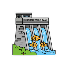 Vector cartoon of eco-friendly hydroelectric dam generating power from flowing river water with fish and green landscape