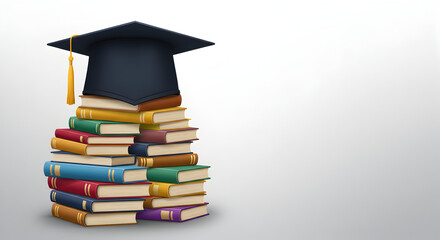 Graduation Cap on Stack of Colorful Books Representing Academic Achievement and Education in Gray Background