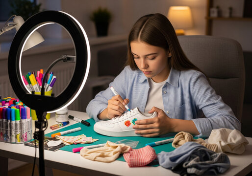 Teenager Customizing Sneakers at Home Desk with Ring Light Setup &ndash; DIY Shoe Art, Gen Z Creativity, Sneakerhead Culture, Personal Style Expression, At-Home Artistic Hustle