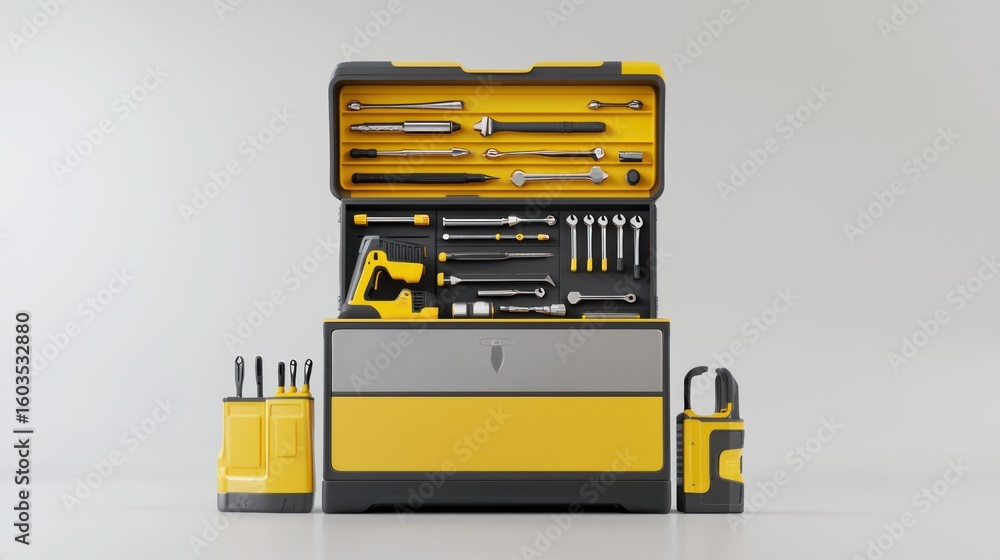 Poster 3d render of a toolbox with tools on white background