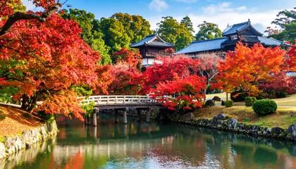Autumnal Japanese garden with vibrant foliage and a serene bridge