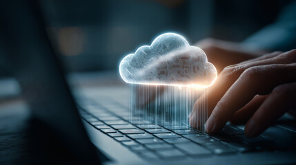 A person managing cloud computing services.	A person's hands interact with a laptop, and a holographic interface showing interconnected cloud servers and data storage icons floats above.
