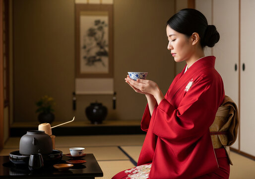Woman in Kimono Practicing Japanese Tea Ceremony Alone for Mindfulness &ndash; Traditional Ritual, Zen Lifestyle, Cultural Self-Care, and Solo Meditation Practice