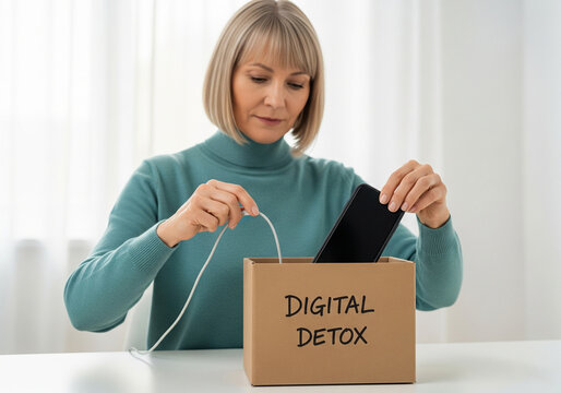 Person Unplugging Smartphone and Placing It in Box Labeled 'Digital Detox' &ndash; Tech-Free Lifestyle, Mindful Break, Mental Health Awareness, and Intentional Living Concept