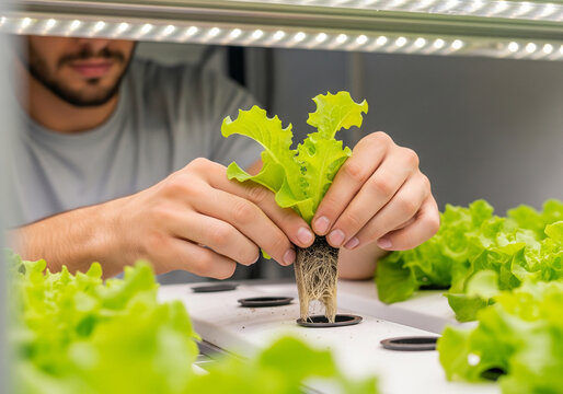 Close-Up of Hands Planting Hydroponic Lettuce Indoors &ndash; Urban Farming Concept, Sustainable Agriculture, Indoor Gardening, and Modern Food Production with Green Technology