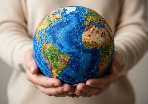 Hands Holding Earth Made from Recycled Fabric and Embroidery Thread &ndash; Eco Art Concept, Climate Awareness, Sustainable Crafting, and Handmade Planet Symbol of Environmental Care