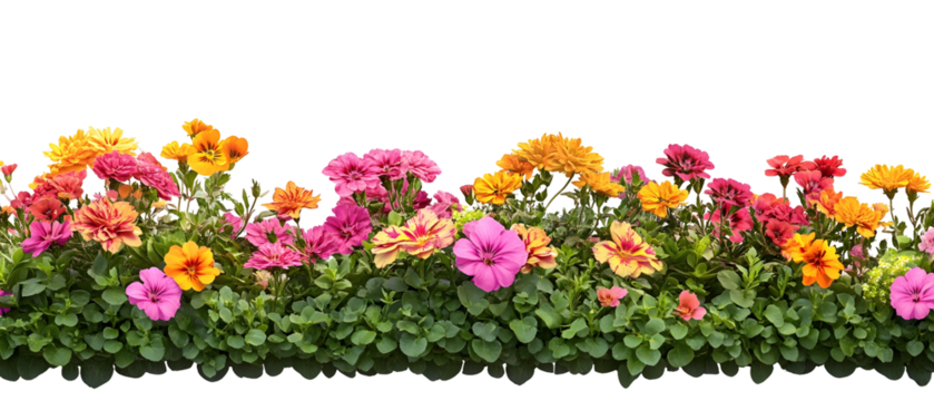 Vibrant Flower Bed Border with Colorful Blooms and Lush Green Foliage against Transparent Background