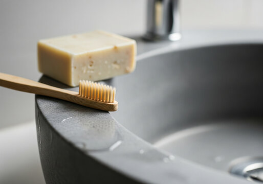 Close-Up of Bamboo Toothbrush and Bar Soap on Stone Sink &ndash; Minimalist Natural Bathroom, Zero Waste Personal Care, Eco-Friendly Hygiene, and Sustainable Home Aesthetics