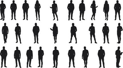 Silhouette collection of diverse standing people, male and female vector illustration, business posture, flat human shape, professional figures