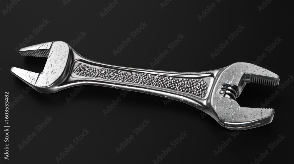 Poster 3d render of adjustable wrench with metallic texture