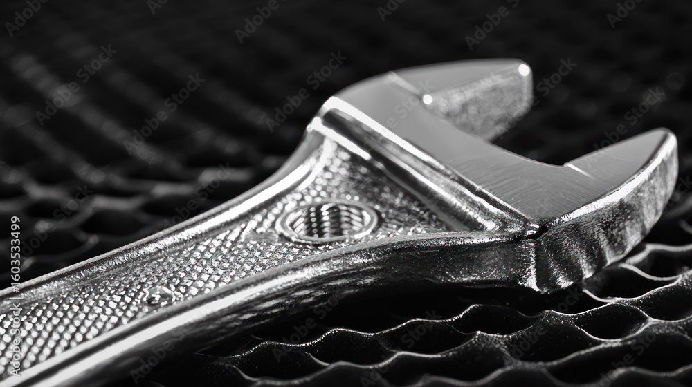 Poster 3d render of adjustable wrench with metallic texture
