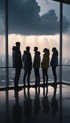 People looking at cityscape view from skyscraper window group friends travel destination