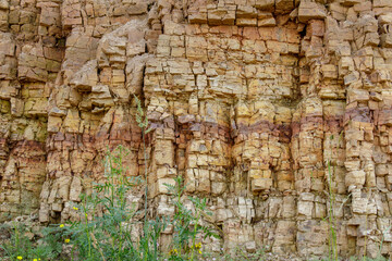 Close-up of a vertical rock face showing horizontal layers of sedimentary stone in earthy tones,...