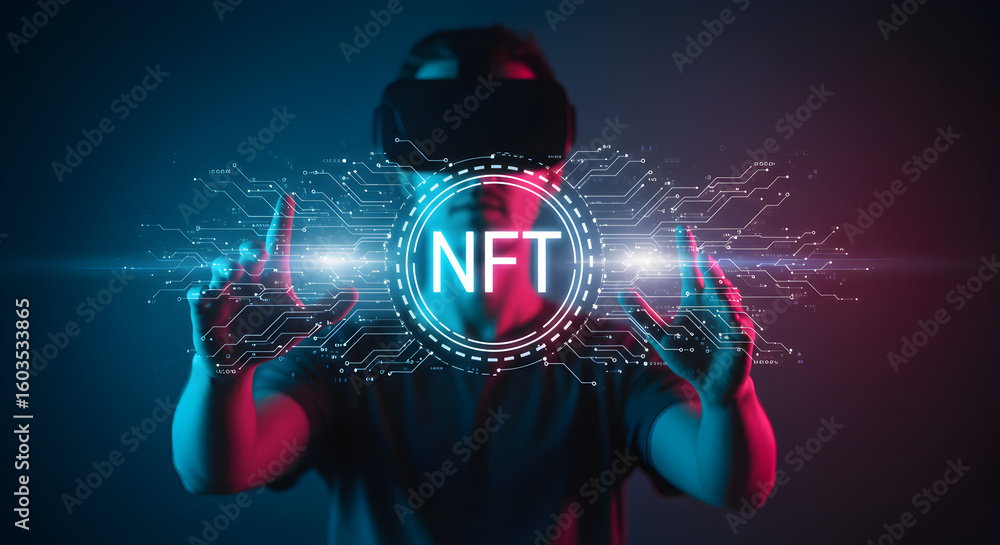 Poster man wearing vr headset interacts with nft text displayed on a red and blue light background in a fut