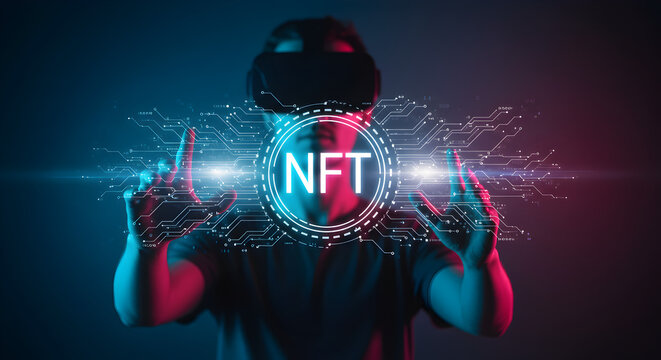 Man Wearing VR Headset Interacts With NFT Text Displayed on a Red and Blue Light Background in a Futuristic Setting - Powered by Adobe