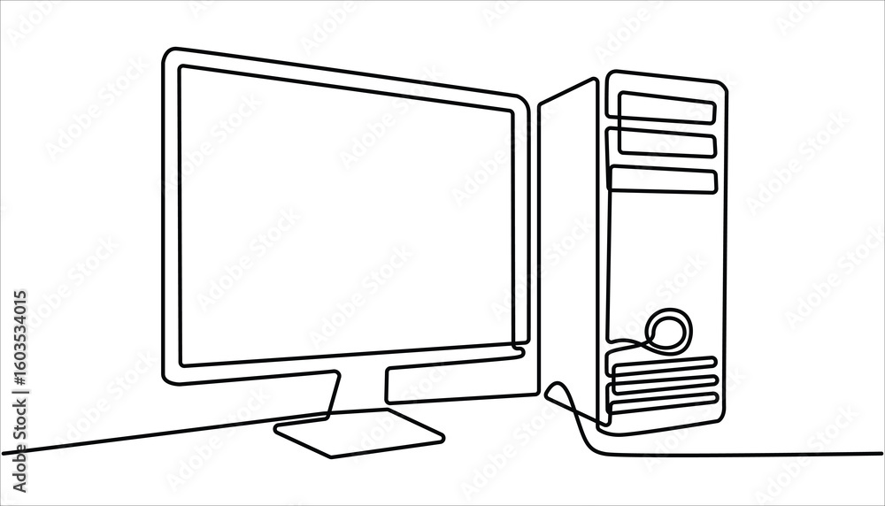Poster continuous one line drawing of a vintage computer set with a monitor, keyboard, and mouse. minimalis