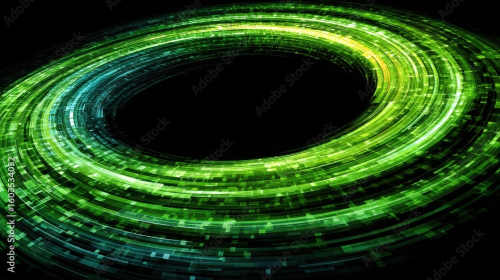 Poster circular display of green and blue lights representing quantum capital model in a dynamic simulation