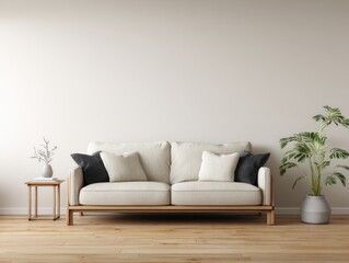 Minimalist living room interior featuring a light-colored sofa with wooden frame, side table, plant, and neutral wall