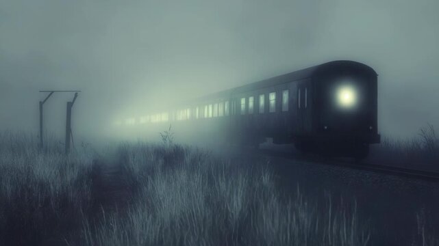 Eerie train emerging from thick fog in a moody, atmospheric setting.
