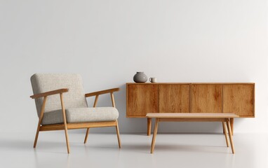 Minimalist room setting featuring a light beige armchair and wooden sideboard with a low coffee table against a white wall.  The room is brightly lit and showcases a simple, clean aesthetic