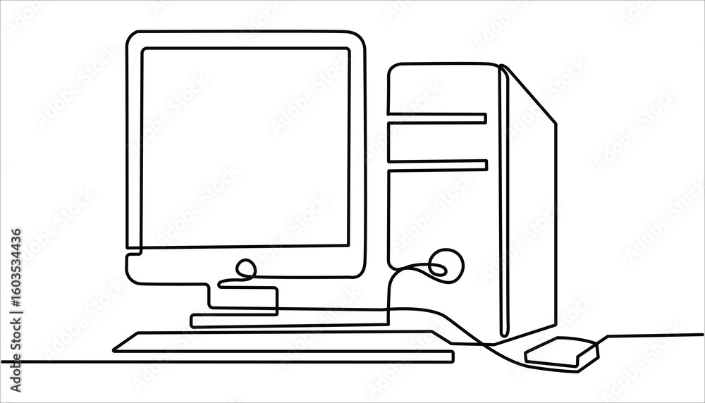 Poster continuous one line drawing of a vintage computer set with a monitor, keyboard, and mouse. minimalis