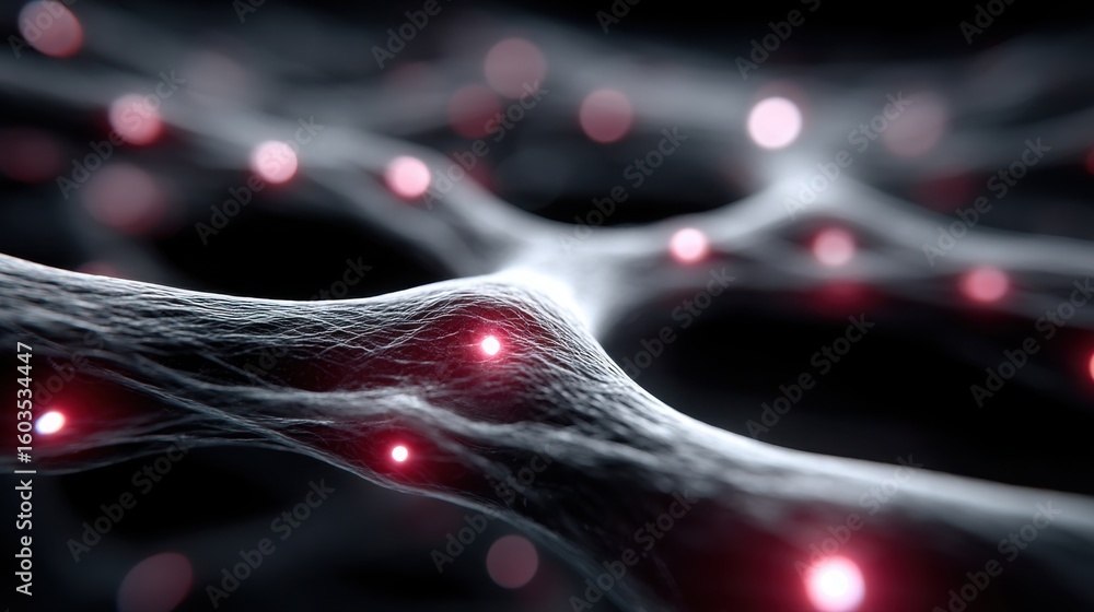 Poster a microscopic view of a cell emitting red light as a representation of emotional volatility in scien