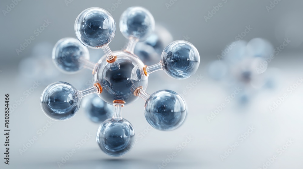 Poster an intricate molecule composed of various spheres representing complex structures in quantum finance