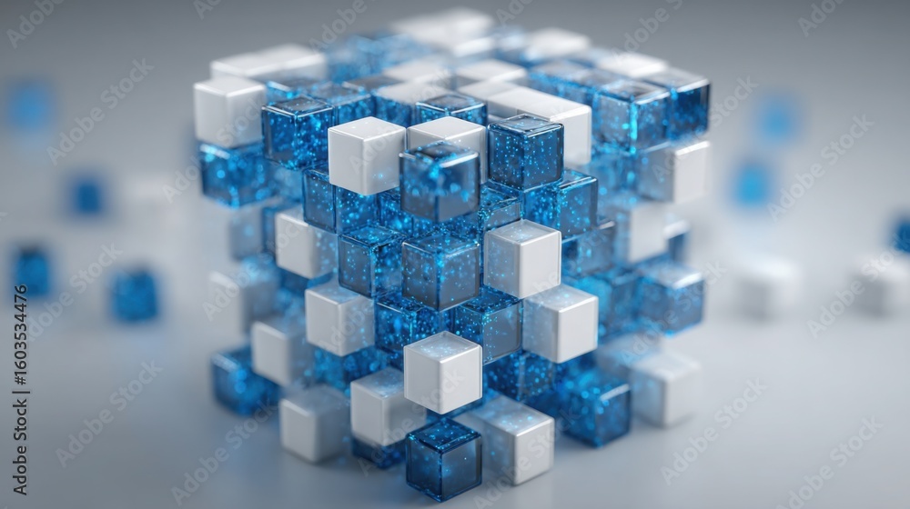 Poster a unique cube composed of blue and white cubes illustrating abstract concepts in quantum finance mod