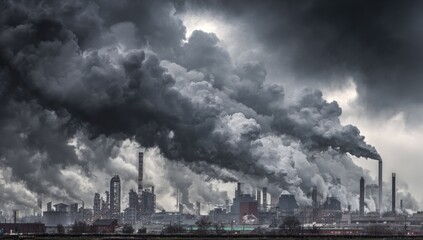 A sprawling industrial complex is shrouded in a dense plume of dark, ominous smoke billowing across a stormy sky
