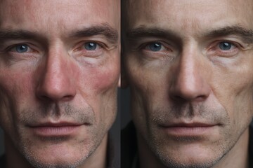 Fototapeta premium BeforeAfter Red and sensitive skin on the cheeks. Comparison images before and after using anti-allergic cream.