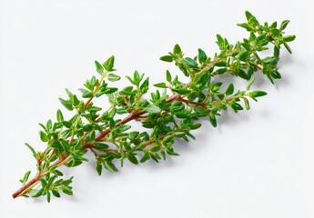 A sprig of fresh thyme, vibrant green with small leaves, rests on a plain white background.  Its woody stem is visible, showcasing the herb's natural beauty
