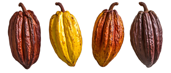 Four Cocoa Pods Variety with Brown Yellow and Red Tones on Transparent Background Showing Detailed Texture and Close Up Studio Shot