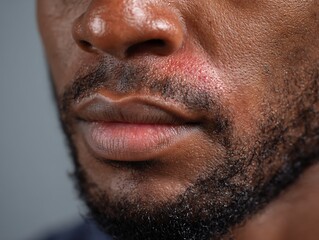 Obraz premium Dark-skinned man with redness around mouth and chin. Close-up of allergic redness around mouth area.