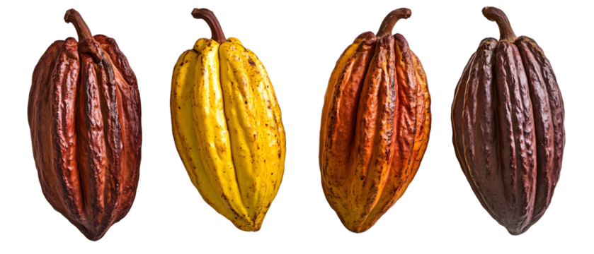Four Cocoa Pods Variety with Brown Yellow and Red Tones on Transparent Background Showing Detailed Texture and Close Up Studio Shot