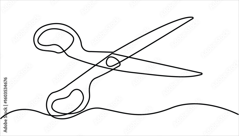 Poster scissor tool one line continuous single line art drawing outline design vector illustration, continu