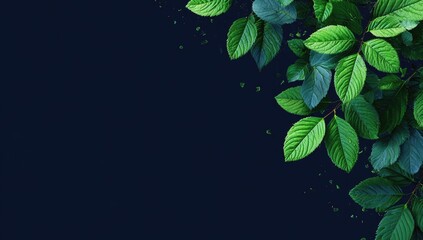 Lush green foliage arranged against a dark navy backdrop, creating a vibrant contrast.  Leaves cascade from the upper right, leaving ample negative space