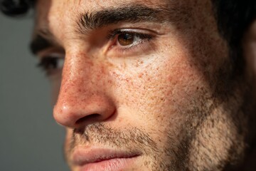 Fototapeta premium Latin man has redness on his nose and cheekbones Red spots along his nose and cheekbones from irritated skin