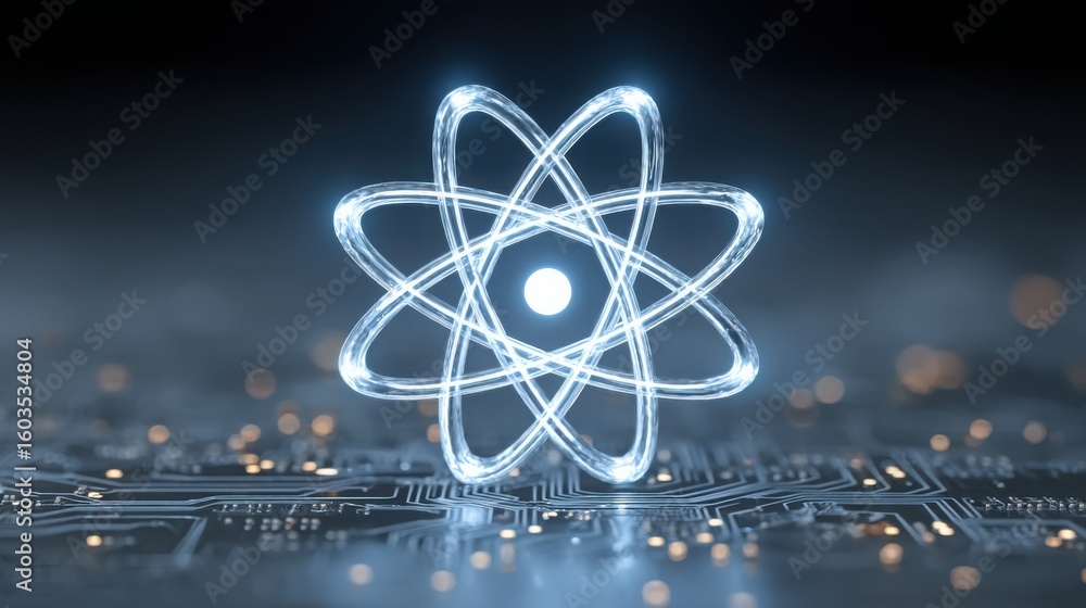 Aufkleber computer circuit board featuring a glowing atom symbolizing technology and innovation in modern digi