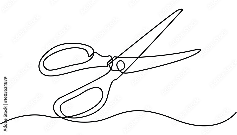 Poster scissor tool one line continuous single line art drawing outline design vector illustration, continu