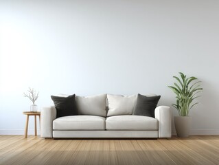 Minimalist living room interior with a white sofa, light wood flooring, side table, and potted plant against a white wall