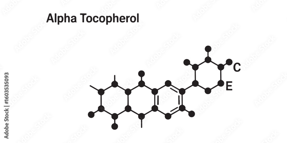 Poster illustration of alpha tocopherol molecule structure with black lines and circles on white background